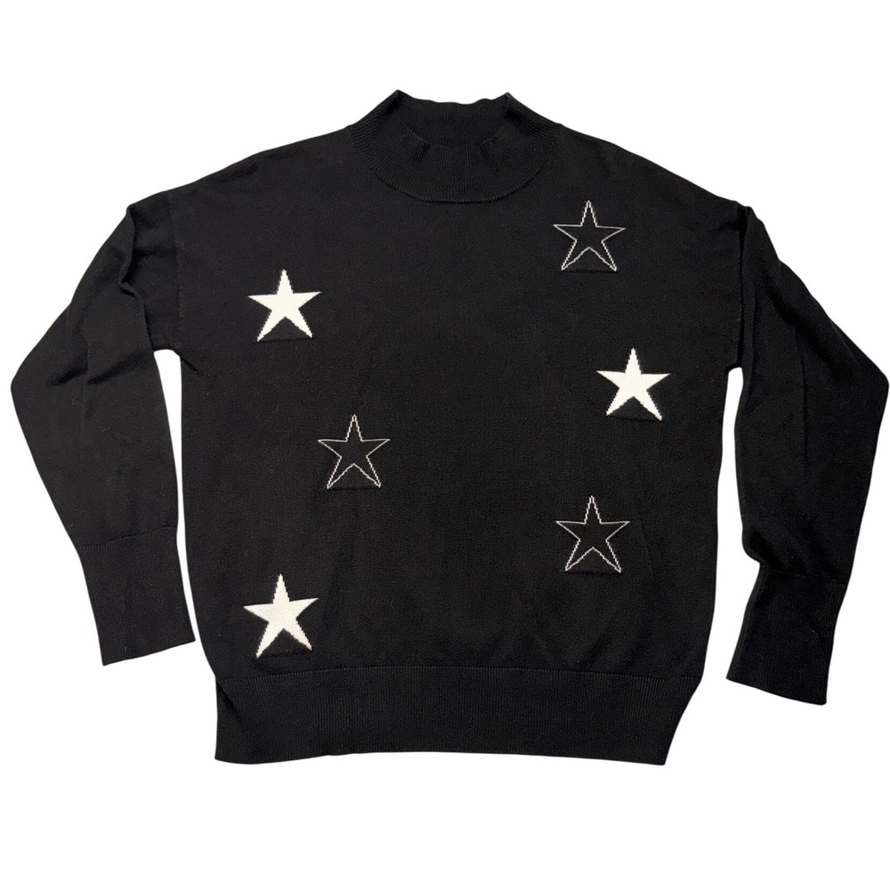 Cocobleu Womens Black Mock Neck Star Patch Knit Sweater Small Relaxed Fit